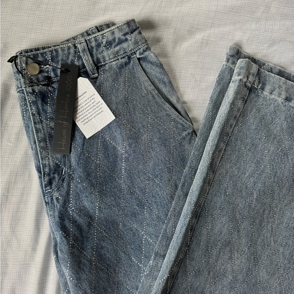 NEW House of Harlow Rhinestone Wide Leg Jeans | Size 4 (27) | light blue - Picture 7 of 13